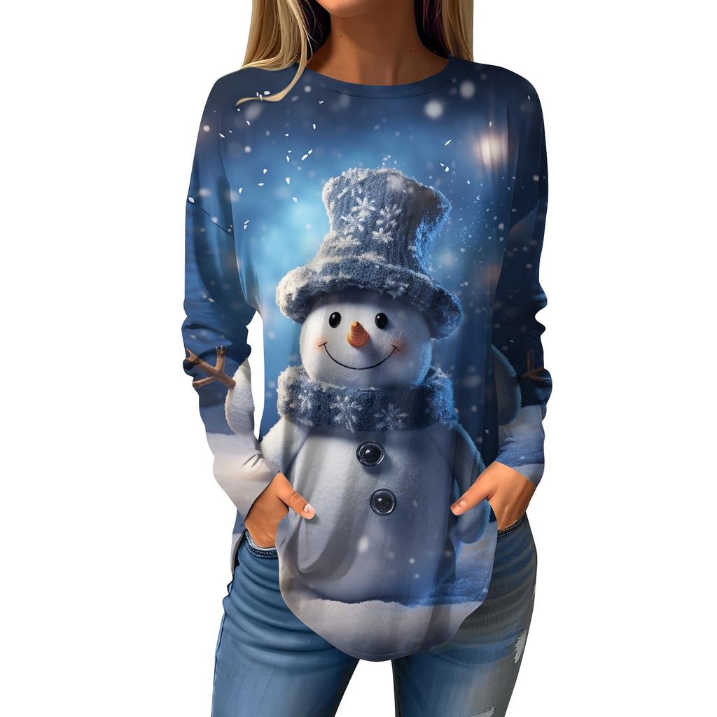 Женская свободная футболка с круглым вырезом и рождественским принтом, длинный рукав, пуловер, толстовка с длинными рукавами
