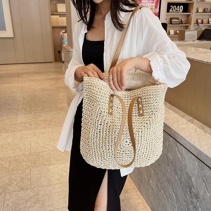 Simple and Large-capacity Straw Woven Bag Fashion Summer Beach Women's Shoulder Bag Trendy Zipper Handbags for Girls