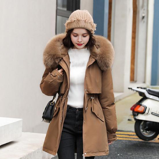 Women's Thicken Fleece Lined Drawstring Parka Windproof Warm Puffer Coat Faux Fur Hooded Down Jacket Winter Outerwear