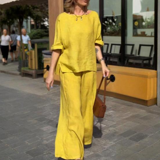 2Pcs/Set Women Casual Outfit O-neck Long Sleeve Tops Elastic Waist Wide Leg Long Pants Set Solid Color Loungewear