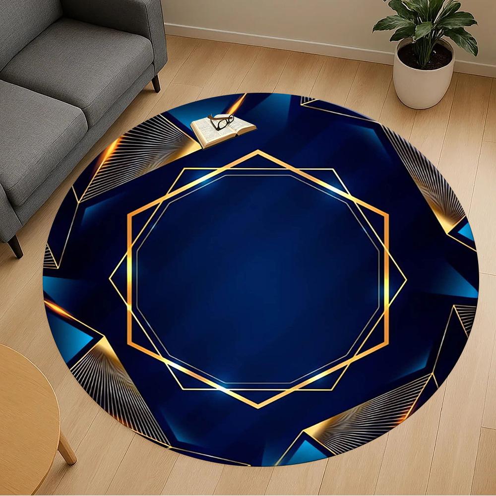 1pc Blue Gold Round Chair mat Area Rug - Non-Slip, Floor Mat for Office, Bedroom, home decor Christmas Gift p0811080