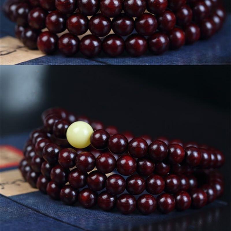 Unisex Red Sandalwood & Amber Bracelet with 108 Beads - Indian Small Leaf Design, Pure Clay, Buddhist Style for Couples