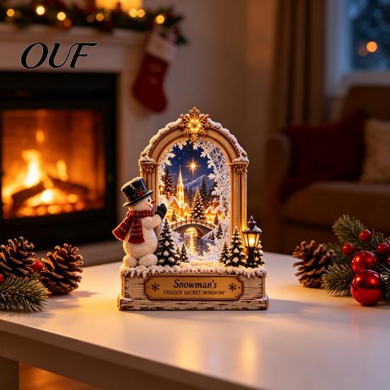 Holiday Party Table Settings Christmas Wooden Window Scene Figurine, Double-Sided Print Sign with Santa Workshop Durable Xmas Supplies Snow