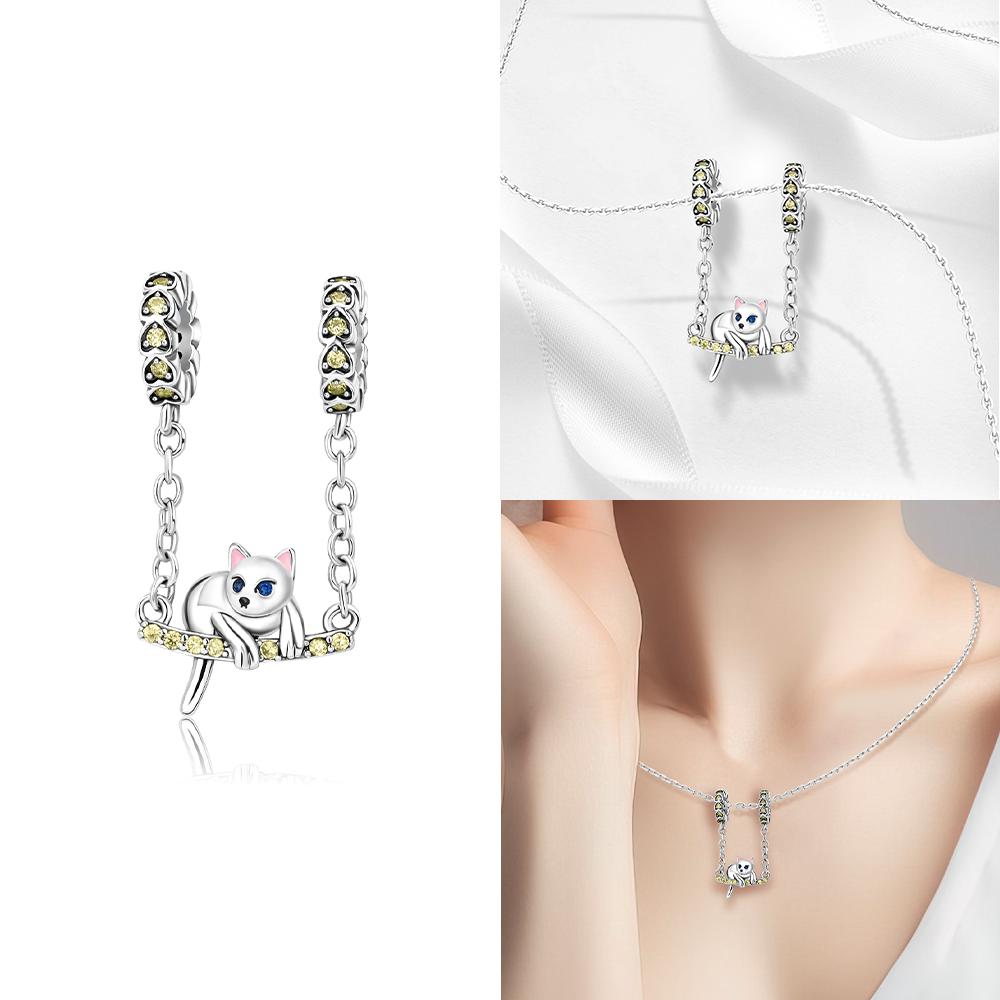 925 Silver Purple Zircon Flower Fixed Chain Snowflake Cat Beads Fit Charms Bracelet Women Diy Friend Gift Jewelry