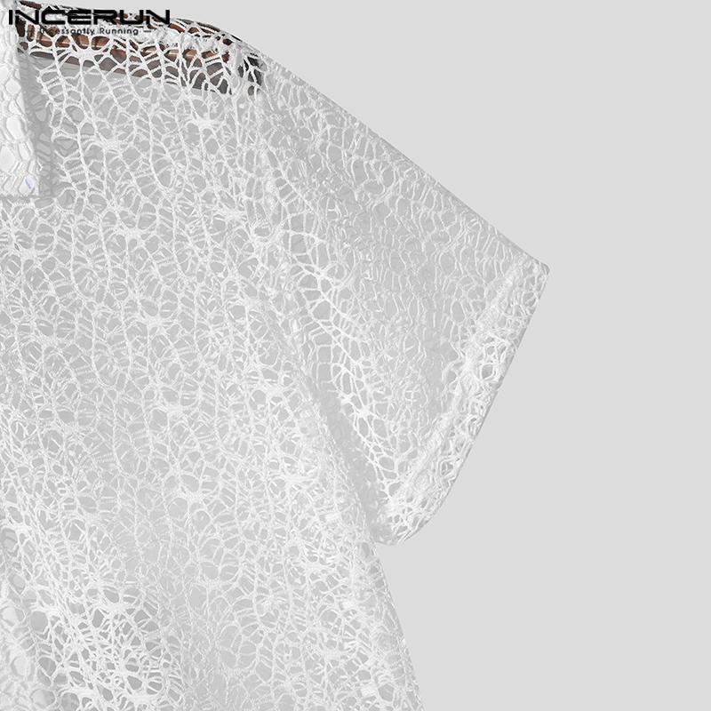 INCERUN Мужские летние пляжные рубашки с коротким рукавом из вязаной крючком ажурной пряжи