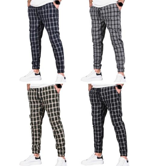 Men Pants Color Matching Plaid Print Drawstring Elastic Waist Ankle-banded Pockets Mid Waist Soft Casual Breathable Sports Jogging Trousers