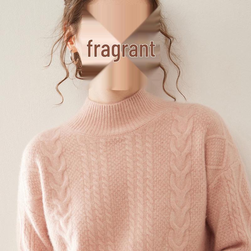 Women's 2025 Cashmere Cable Knit Pullover: Heavyweight, Half-High Collar, Loose, Slimming Sweater.