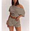 2026 Womens Striped Slim Fit Off-Shoulder Short Sleeve Top High-Waisted Shorts 2-Piece Casual Set