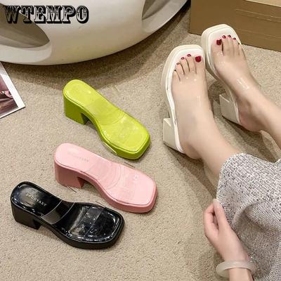 Сандалии на высоком каблуке, женские летние, толстая мягкая подошва, уникальный прозрачный верх, абрикосовая подошва, толстый каблук, дышащие, модные, универсальные тапочки