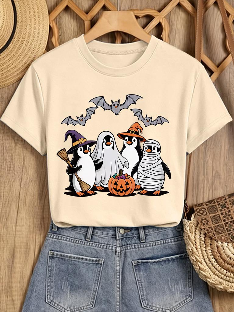 Ladies' Elegant Short Sleeved Penguin Witch Ghost Pumpkin Cartoon Printed Round Neck T-shirt Elegant Retro Comfortable Soft Top