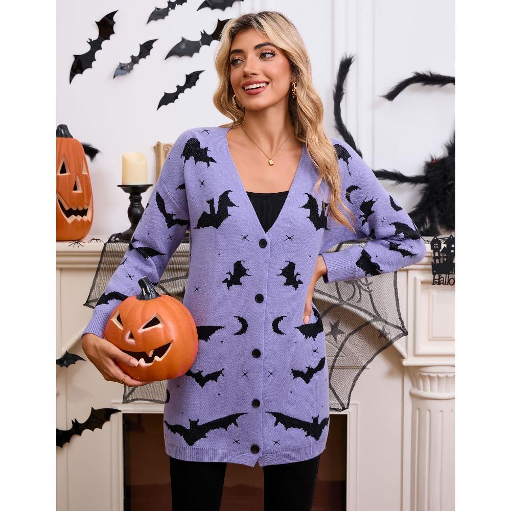 Women's V Neck Long Sleeve Halloween Bat Print Loose Fit Commuter Knit Cardigan