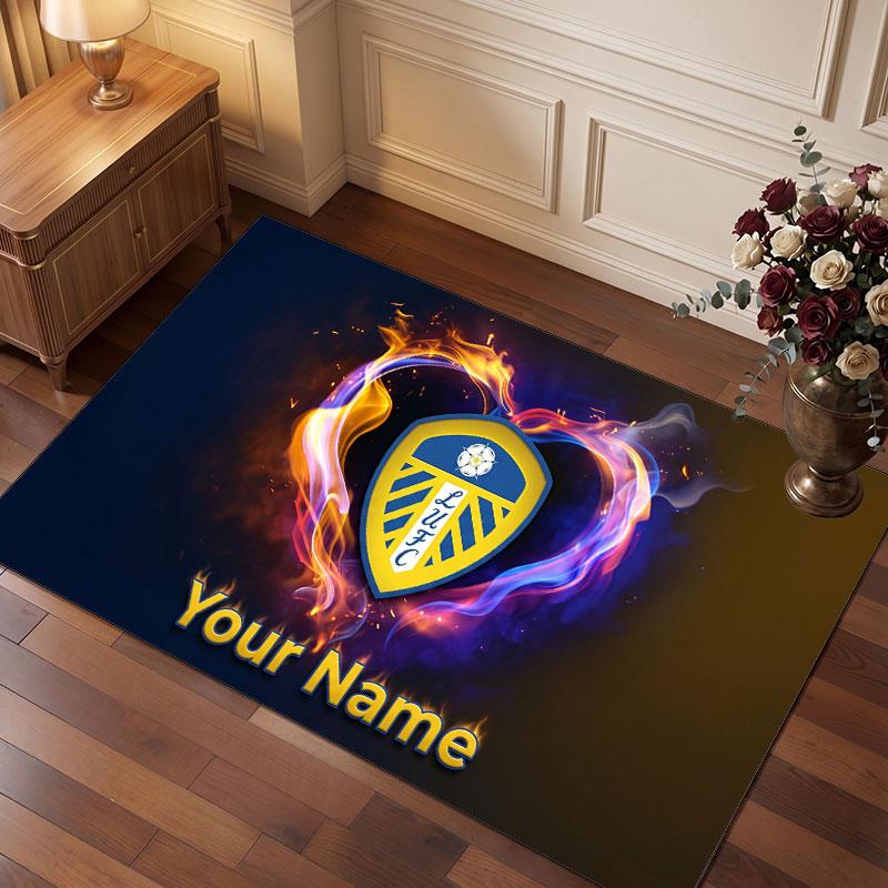 Leeds United Custom Crystal Velvet Rug, Personalized Name Text Print, Football Logo Soft Non‑Slip Floor Mat Home Decor Gift