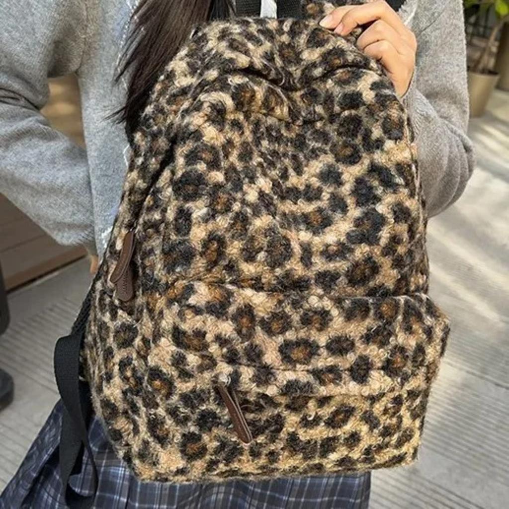 Y2K Vintage Plush Leopard Print Backpack for Girls Large Capacity College Students Schoolbag Casual Portable Ladies Shoulder Bag