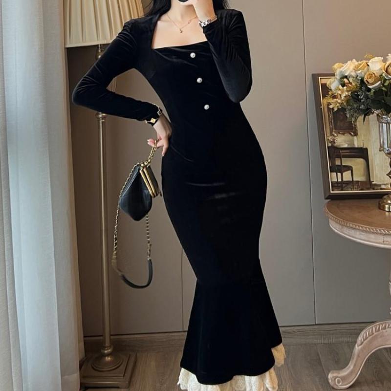 Винтажные облегающие бархатные вечерние платья русалки женские элегантные кружевные лоскутные вечерние платья для выпускного вечера женская осенне-зимняя одежда