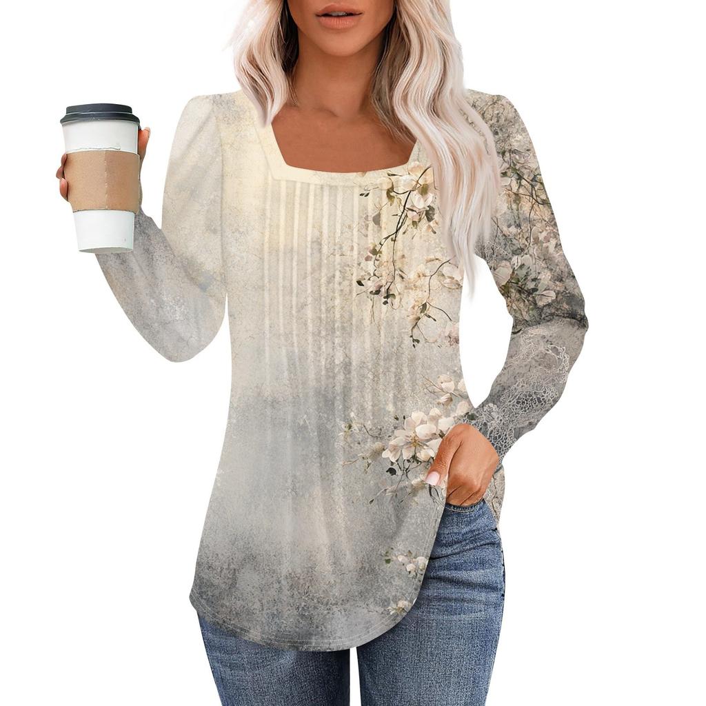 Long Sleeve Shirts For Women Tops Dressy Casual Blouses Pleated Square Scooped Neck Tunic Tops