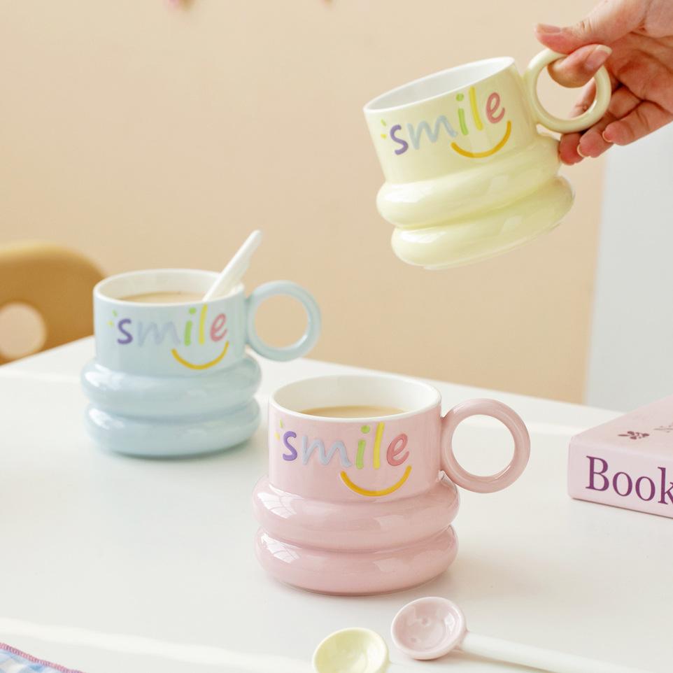 Smiling Mug with Smiling Face Spoon High looking Girl Water Cup Ceramic Milk Cup Student Breakfast Cup Coffee Cup