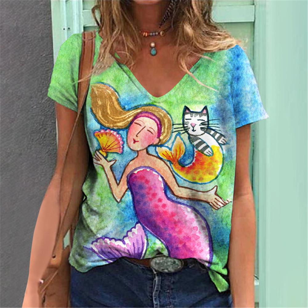 Lightweight Mermaid Digital 3D Print T Shirts Women Versatile Pullover Short Sleeve Summer Casual V-Neck Female Harajuka Tops