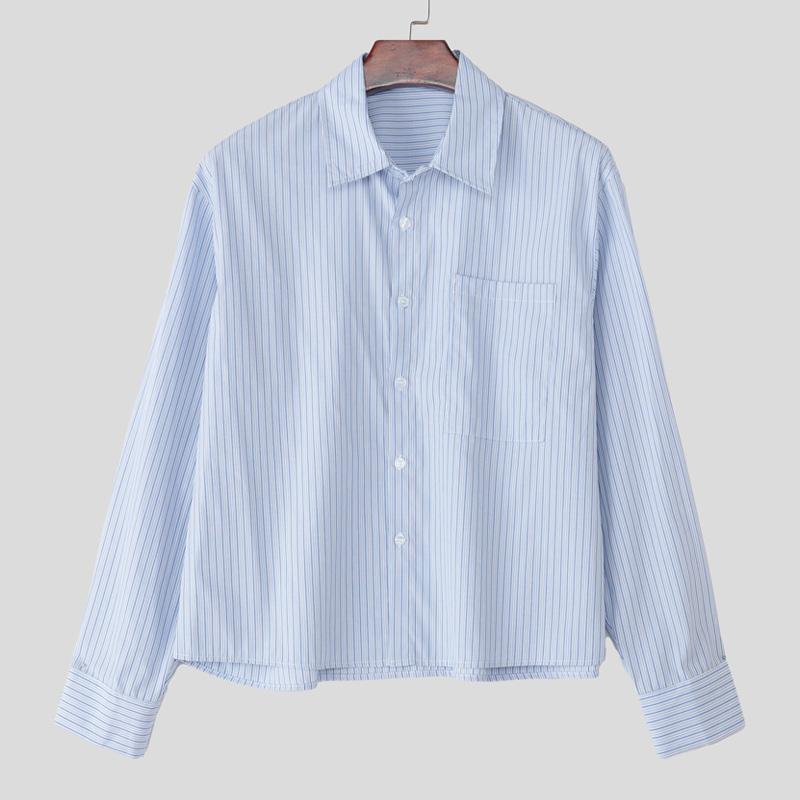 INCERUN S-XXXXXL Men Lapel Neck Long Sleeve Striped Casual Loose Shirts Tops