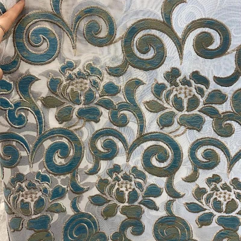 Elegant European Style Blue Velvet Curtains With Embroidered Cutwork Sheer Living Room Balcony Floor To Ceiling Windows