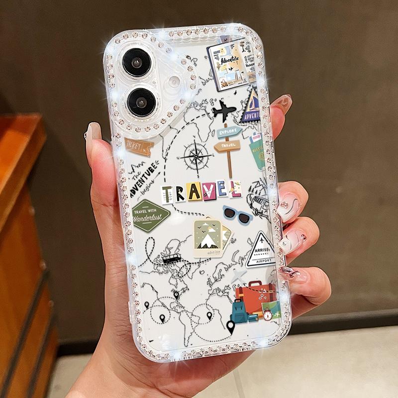 Ярлык для путешествий на самолете Алмазный чехол Для iPhone 16 Pro Max Чехол iPhone 11 12 13 14 15 17 Pro Max 16E 17 Air Прозрачный Мягкий чехол из ТПУ