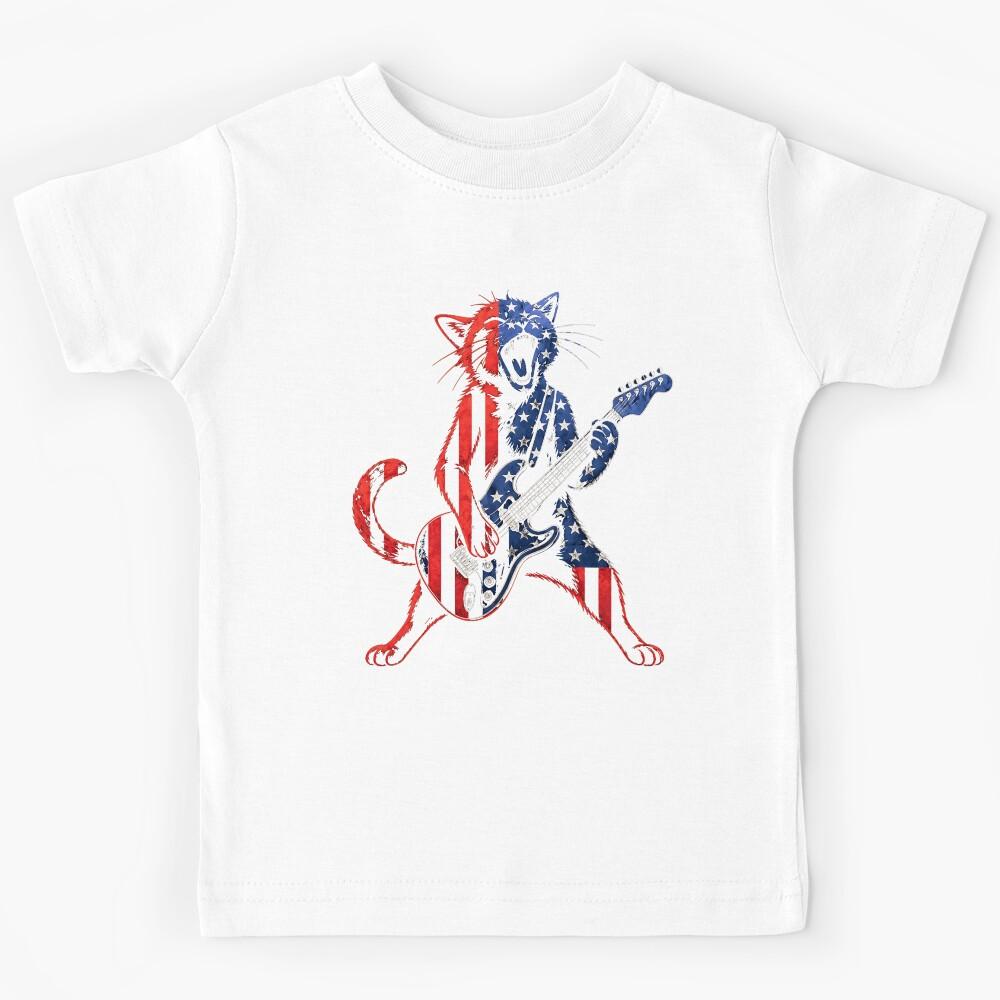 Patriotic Cat Playing Guitar Rock'n Roll Band USA Flag Kids T-Shirt