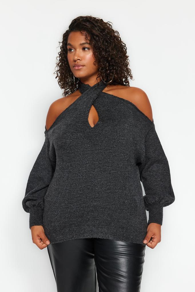 Women's Fashion New Plus Big Size Sweater Anthracite Knitwear Plus Big Size Sweater