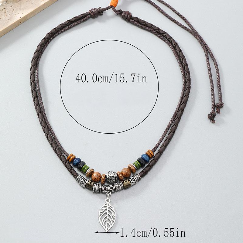 PU Leather Natural Boho Leaf Necklace Pendant, Wooden Beads, Ethnic, Long Chain