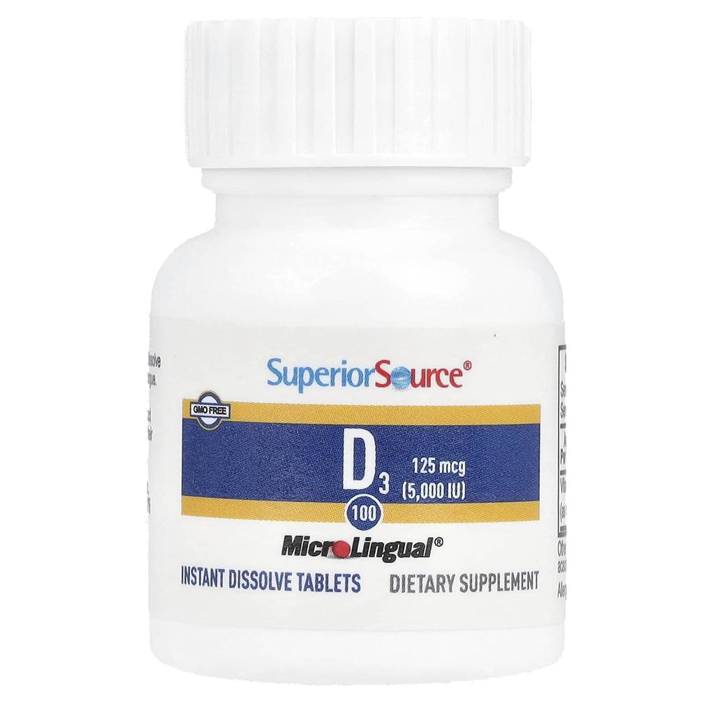 Superior Source, D3, повышенная концентрация, 125 мкг (5000 МЕ), 100 готовых к растворению таблеток MicroLingual®