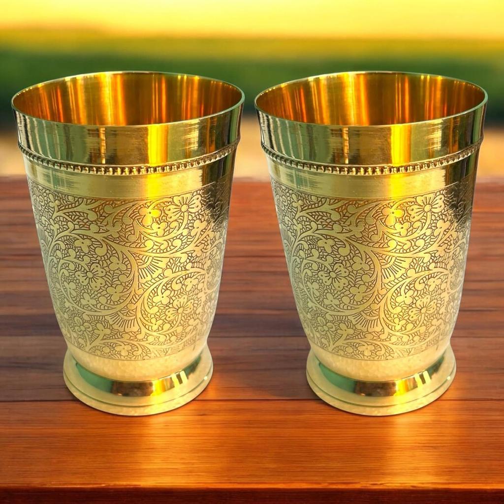 Brass Dining Glass || Drinking Brass Glass || Brass Tumbler with Embosed Design - Capacity 300 Ml (Pack of 2 Glasses)