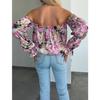 YYFS Женская Мода Повседневные Летние Весенние Блузки и Рубашки с Цветочным Принтом, Длинный Рукав, на Одно Плечо