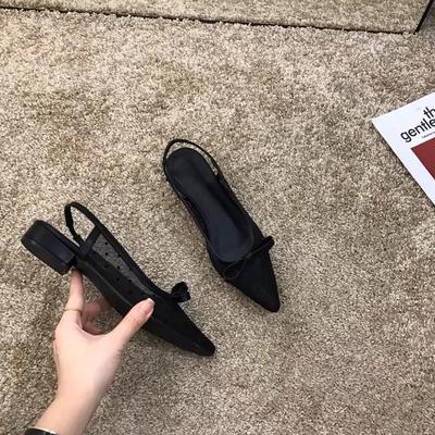 Мода 2025 Женская обувь Закрытый носок Женские сандалии Модные сандалии с острым носком Женские Низкий каблук Слипоны Бант В горошек Обувь Женская