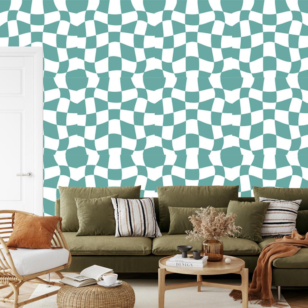 Wallpaper Casual Checkerboard Sea, White, Mint and Turquoise 50x1000