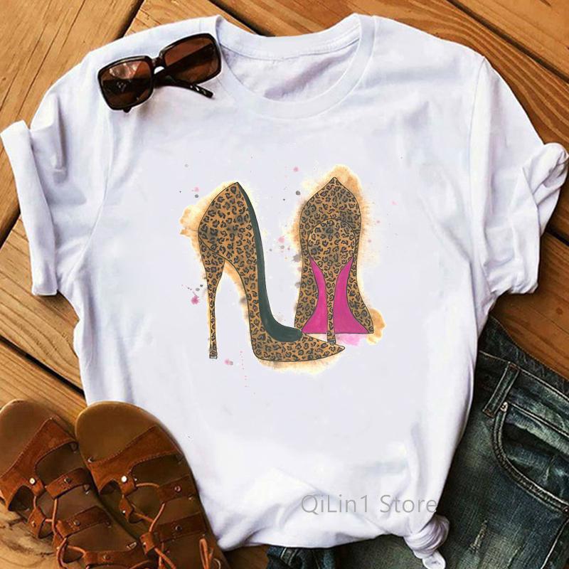 New Women's T-Shirt Pink High Heel Top Female T Shirts Lady Luxury Make Up Paris Style Shirt Harajuku Summer Tops Short Clothes