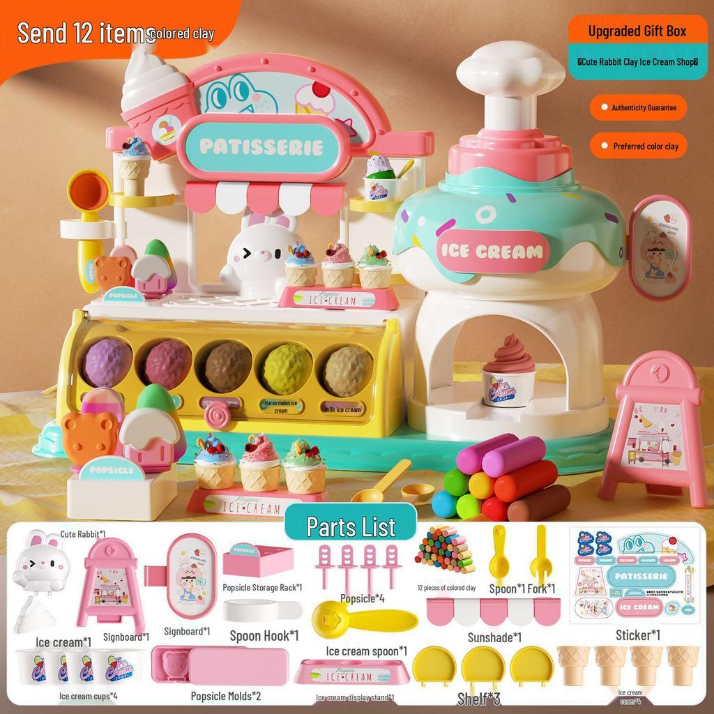 Children's Pretend Play Kitchen Toy Set: Ice Cream Maker, Hamburger Shop & Noodle Maker with Ultra-light Clay Molds