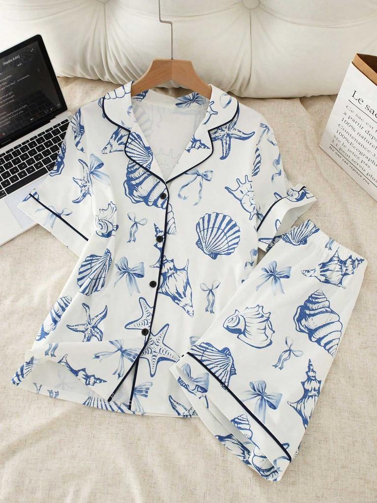 Teen Girls Pajama Set Ocean Seashell Print Lapel Button Down Short Sleeve Shirt & Shorts Summer Loungewear Pjs for Girls 12-16Y