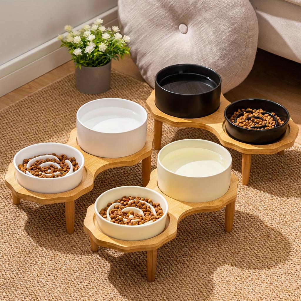 Bomei Ceramic Slow Feeder Dog Bowl - Anti-Choking & Anti-Spill Double Pet Bowls with Wooden Stand