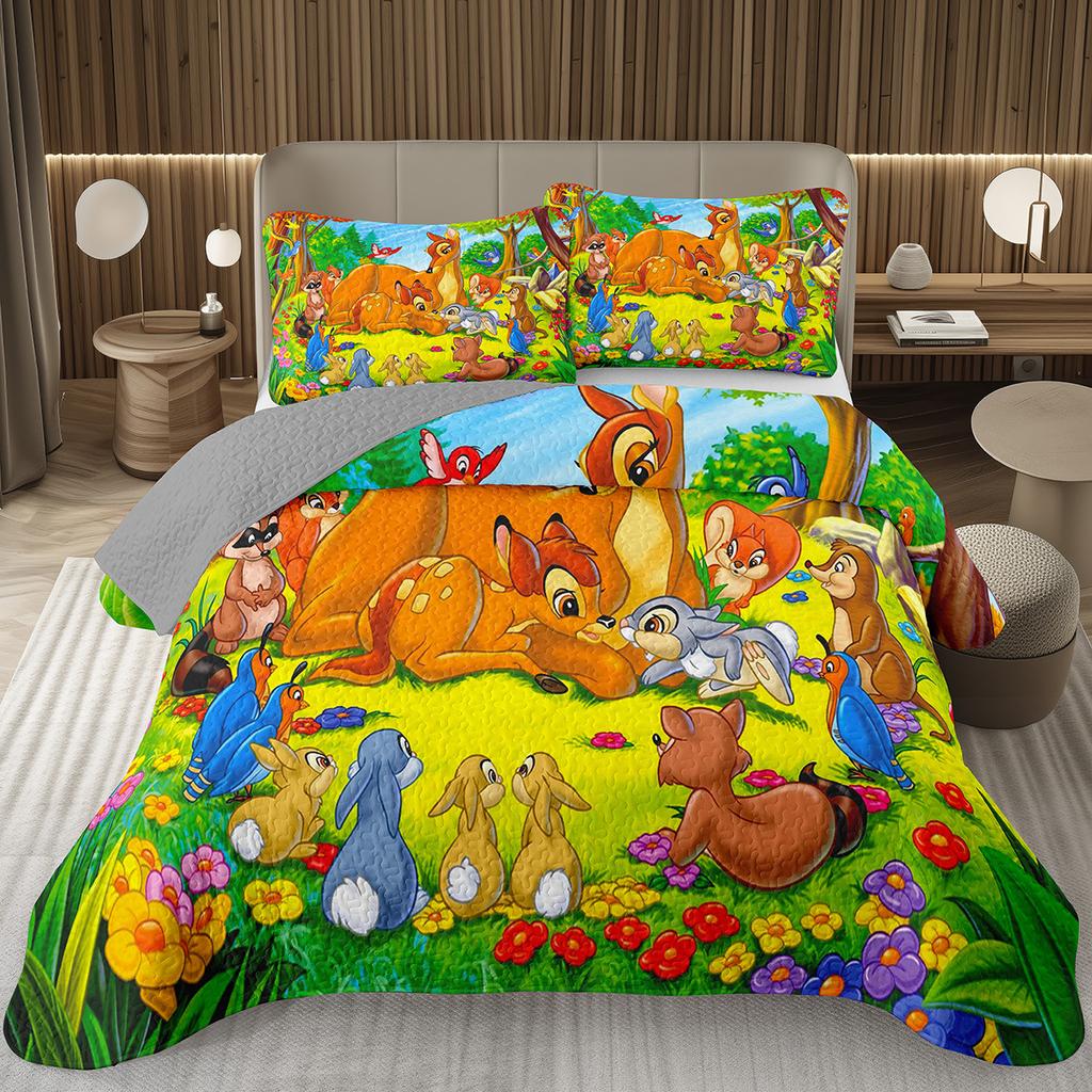 Funny Cartoon Animal Bedspread Queen/Full Kawaii Elephant Panda Coverlet Reversible Grey Quilted Bedding Set For Kids Teen Room