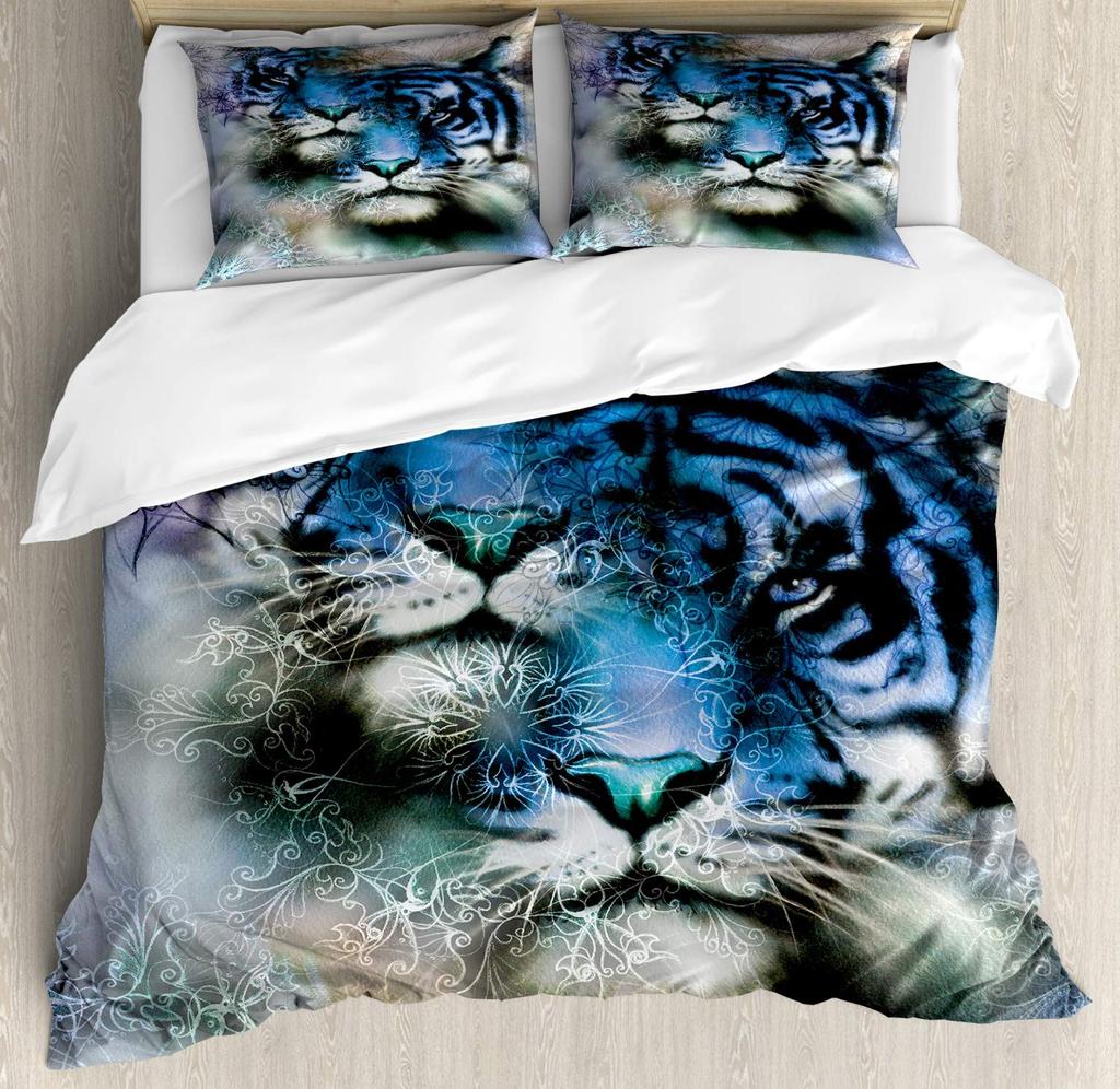 White Tiger Duvet Cover Set Queen Size Wildlife Comforter Covers Animal Print Bedding Set For Boys Girls Kids Art Bedroom Decor