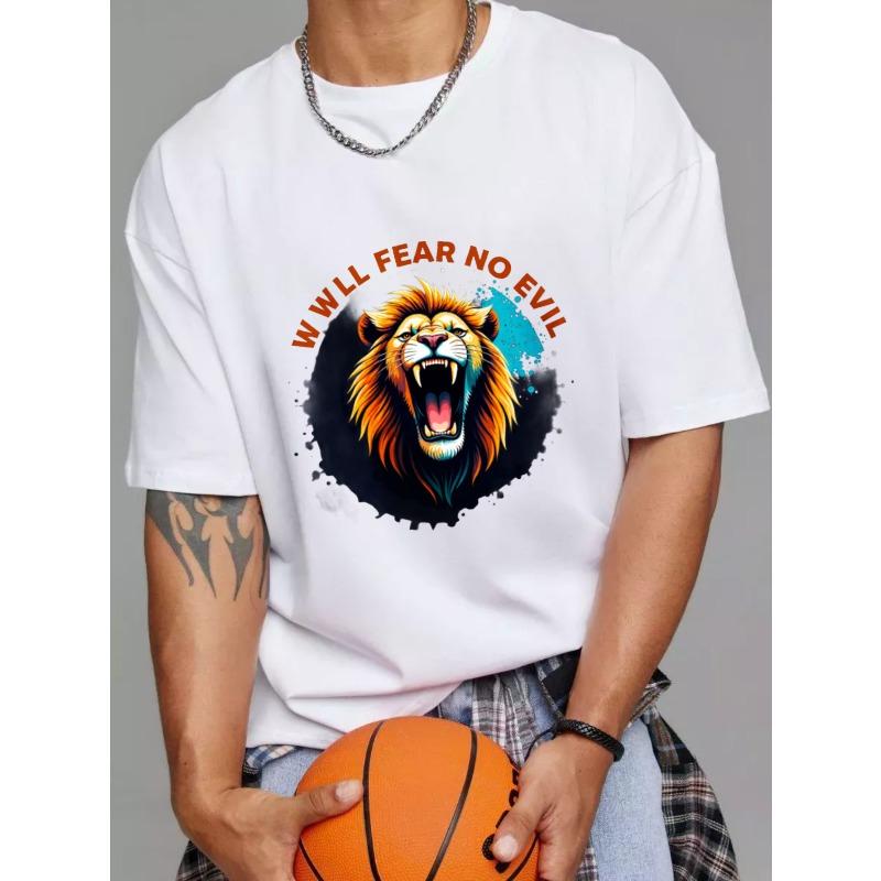 Белая футболка с графикой льва и текстом We Will Fear No Evil для повседневной носки