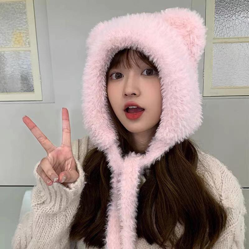 Зимняя ветрозащитная женская вязаная шапка с защитой ушей - Милый дизайн с медвежонком