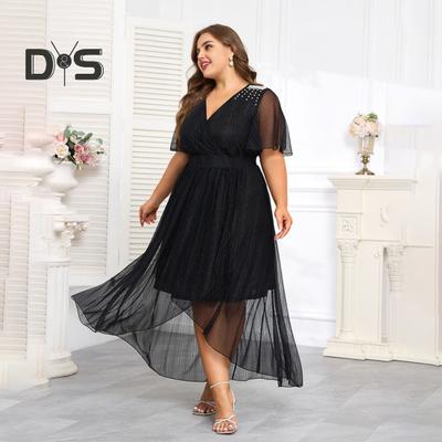 Женское платье больших размеров с V-образным вырезом, коротким рукавом, эластичным поясом и струящимся подолом, однотонное повседневное вечернее платье средней длины