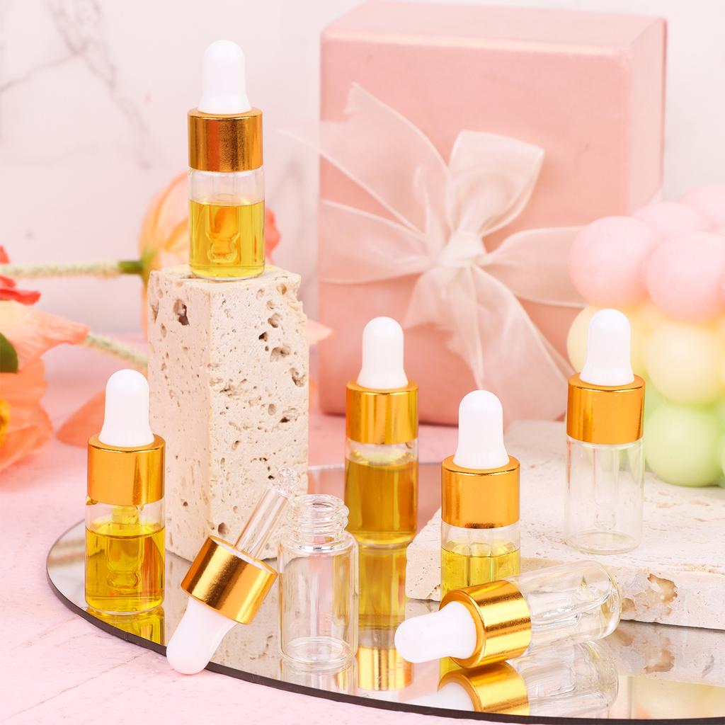 Beautywen 50 Pcs Mini Essential Oil Dropper Bottle 3Ml Clear Glass Dropper Vails With Gold Color Plating Ring