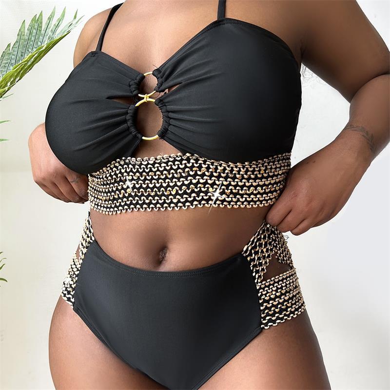 2025 Patchwork Hollow Two Piece Plus Size Bikini Women Strapped High Waist Swimsuit Brazilian Beach Lady Bathing Suit