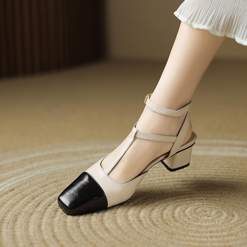 Мода Размер 34-40 Женские Сандалии Натуральная Кожа Т-образный Ремешок Квадратный Носок Высокий Каблук Летняя Обувь 2025 Ins Винтаж Офис Повседневные Каблуки Женские