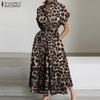 Women Casual Turn Down Collar Summer Short Sleeve Leopard Print Dress