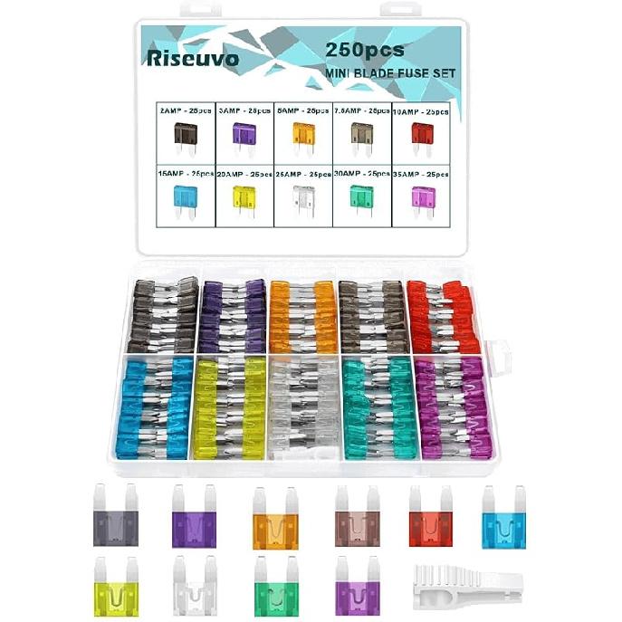 Riseuvo 140 Pcs Low Profile Mini Fuse Kit - Automotive Blade Fuses Assortment Kit For Car, Truck, RV, Boat With Fuse Puller (2A 3A 5A 7.5A 10A 15A
