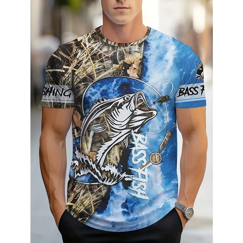 Мужская яркая футболка с принтом рыбы - Дышащая, слегка тянущаяся полиэстеровая футболка с круглым вырезом для улицы, идеально подходит для лета