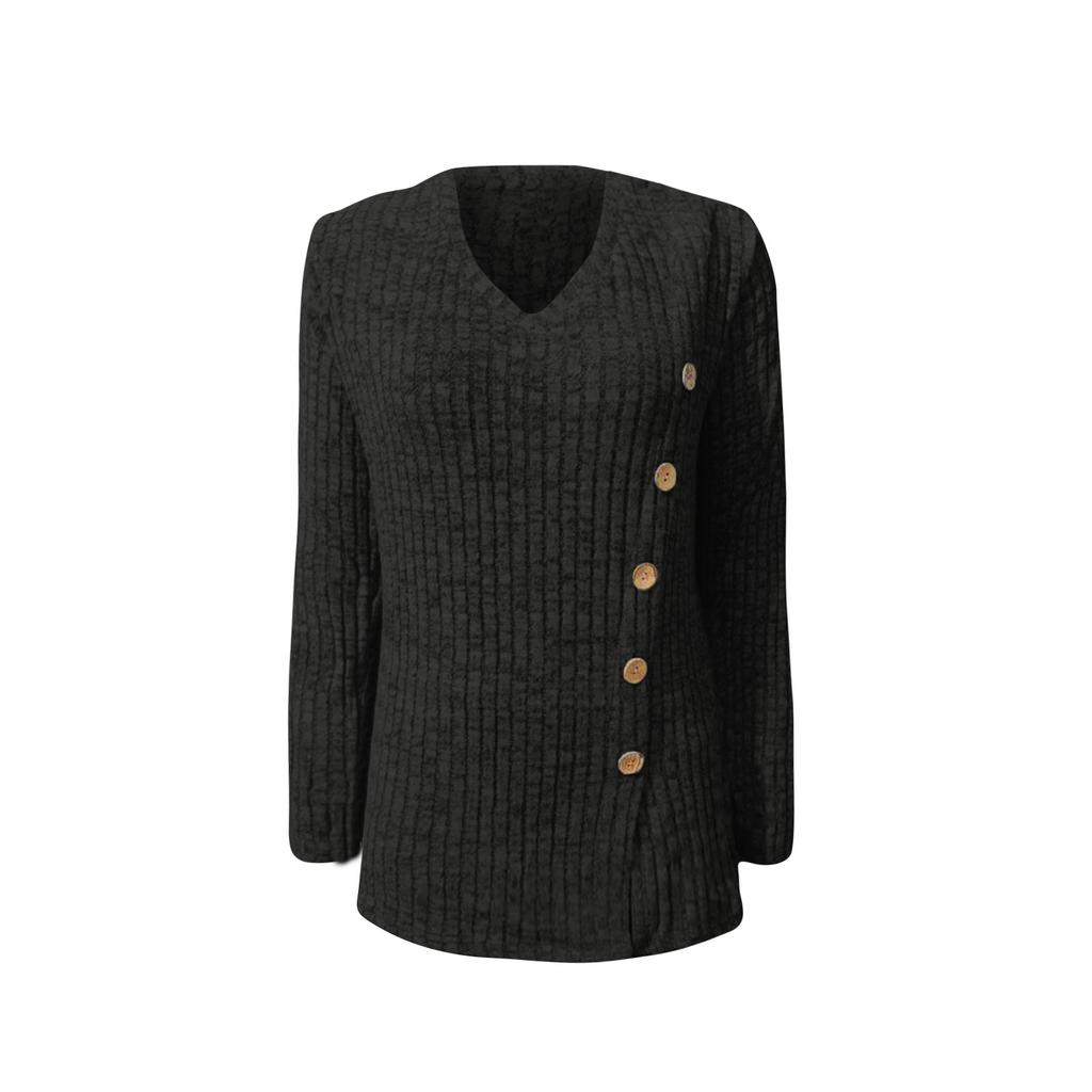 Women's Solid Color Fashion Long Sleeve Strip False Button Loose Top