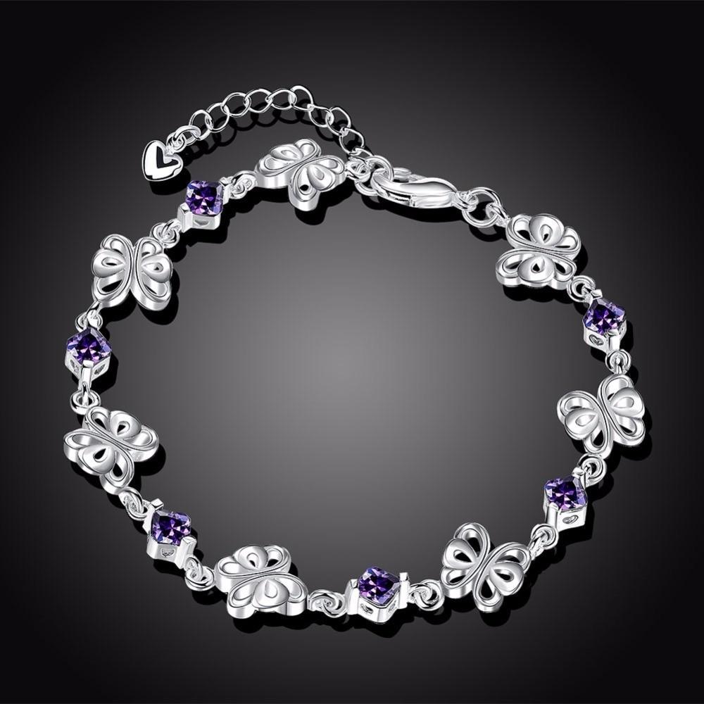 Lekani Real 925 стерлингового серебра ювелирные изделия прозрачный фиолетовый Aaa+ Cz цирконий кристалл бабочка сердце браслет для женщин