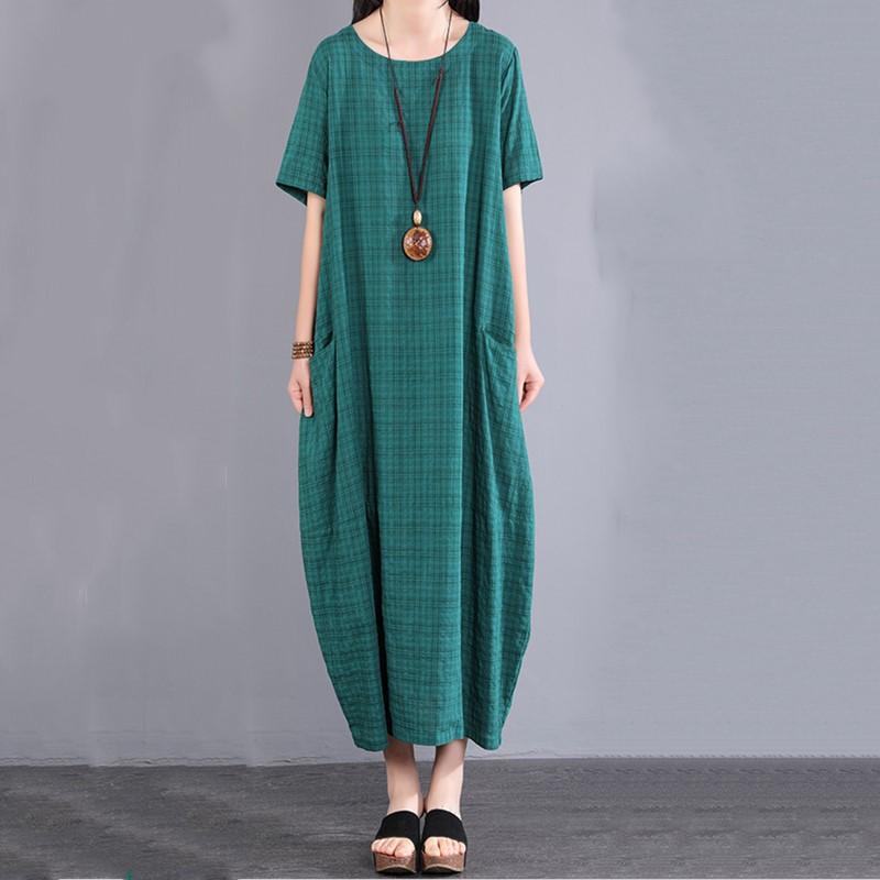 Новое хлопковое винтажное клетчатое платье больших размеров с коротким рукавом для женщин, повседневное свободное длинное летнее платье
